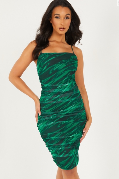 Green Mesh Marble Print Strappy Dress